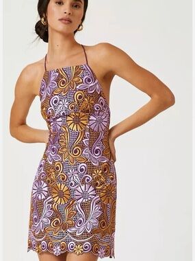 Anthropologie Embroidered Halter Mini Dress Purple Gold Mod size 6